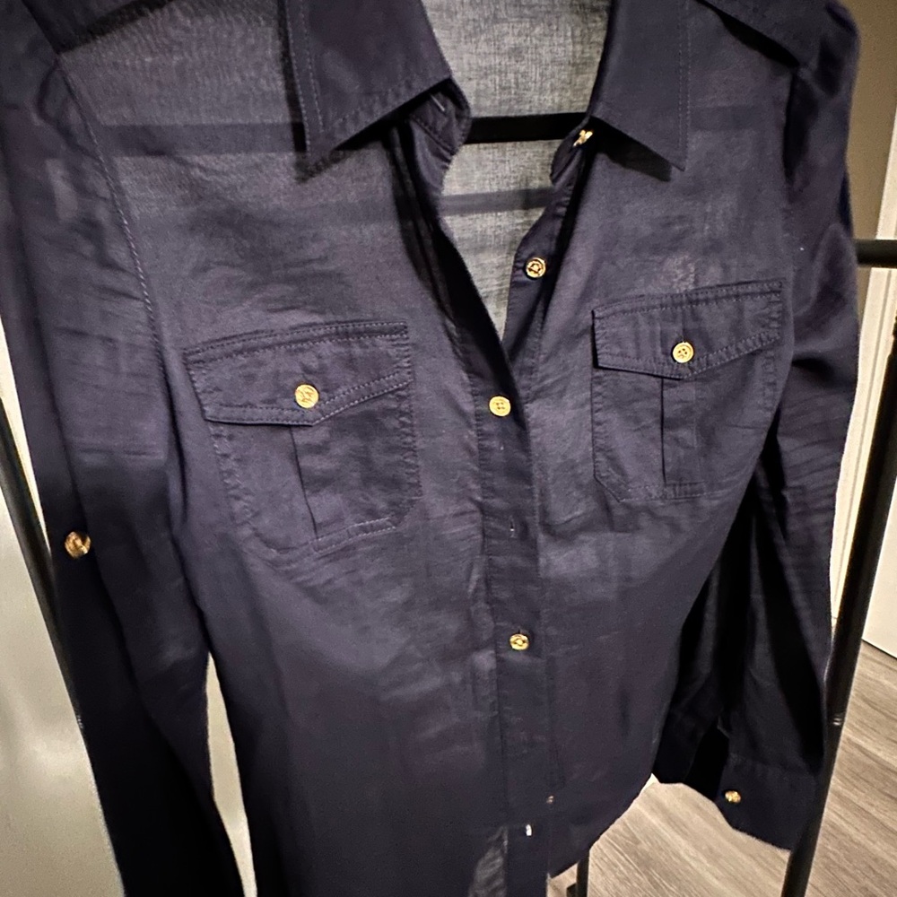 Tory Burch - Navy Blue Button-Up Shirt with Gold Accents